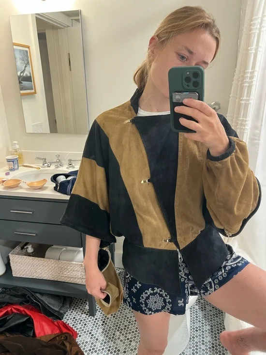 Vintage Black & Brown Suede Colorblock Bomber Jacket - Picture 3 of 6